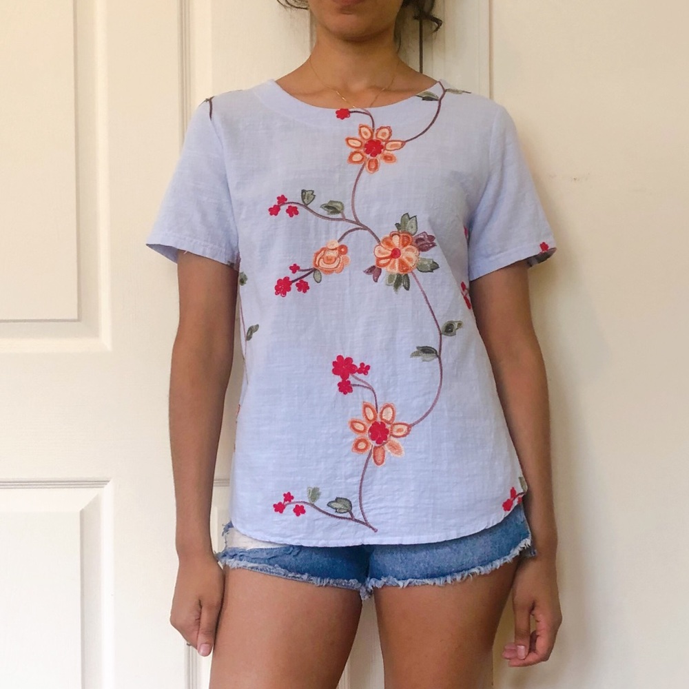 Cute embroidered flowers linen tee S TT